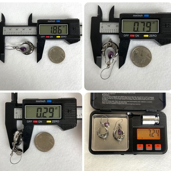 VTG Oxidized Sterling Silver 925 1.86" Amethyst Cabochon Dangle Drop Earrings - Picture 10 of 16